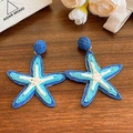 Pendientes de estrella de mar tejida azul y blanco de fibra de rafia para la playa - 3# Pin de Acero Estrella de Mar Azul