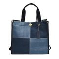 Sac cabas en jean patchwork bleu avec poignées bleu marine et fermoir doré rotatif - Bleu foncé