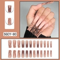 Long coffin press-on nails with dark brown heart designs and metallic wavy lines - SGCY-80 Brown Wave Heart