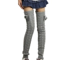Detailed knit texture of grey over-knee leg warmers with soft pompom decorative balls - One Size / Light Gray