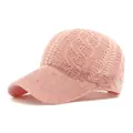 Pink knitted mesh baseball cap with sparkling sequins and textured crochet pattern - Pink