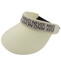 Detail of a beige straw visor hat featuring a decorative ribbon with Never Mind lettering - Creamy White