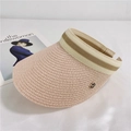 Detail of pink woven straw sun visor with elastic band and gold M letter metal buckle - Light Pink M Tag Visor