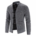 Herren Strickjacke in Grau meliert mit klassischem Karofutter und schwarzen Knöpfen - M / Dunkelgrau