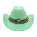Minzgrüner Cowboyhut aus Wildleder mit Ethno-Perlenband und rosa Fransenquasten - Einheitsgröße / Mintgrün