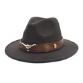 Wide brim felt fedora with brown leather band and silver bull head metal ornament - M (56-58cm) / Dark Gray