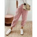 Women's casual red and white striped woven pants with an elastic waist for summer - Pink