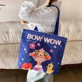 Dark blue canvas tote bag featuring colorful cartoon illustration and double handles - Hello Apple Girl
