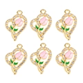 Pink tulip heart pendants with crystals in a gold alloy frame for DIY jewelry making - Pink