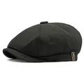 Classic black newsboy cap in cotton canvas with brown leather trim and metal button - M (56-58cm) / Black
