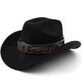 Classic black suede western cowboy hat with ethnic embroidery and bronze buckle detail - M (56-58cm) / Black