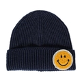 Navy blue ribbed knit beanie with a yellow smiley face patch for a cozy casual look - One Size / Navy Blue