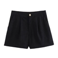 Pantaloncini da donna in velluto a coste nero con vita alta, pieghe e bottone dorato - XS / Nero