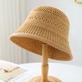 Classic light brown hollow woven bucket hat for women in a vintage summer style - M(56-58cm) / Hollow Knit Style (5639) / Khaki
