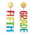 Macro detail of acrylic earrings featuring shiny fifth grade rainbow glitter text - 5-Fifth Grade-Stud