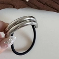 Minimalist black elastic hair tie featuring double-layered curved silver metal accents - 20# Double-row Round Tube Silver