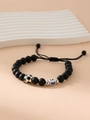 Adjustable matte black bead bracelet with silver soccer ball and white letter M charm - Letter M