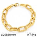 Golden stainless steel industrial chain bracelet with ribbed texture, 205x10mm size - Gold Circular Link Horizontal Textured Chain Style (KB189707-Z)