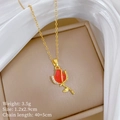 Detail of red rose tulip pendant with crystal inlay on gold chain over silk fabric - Rose Flower Necklace (D149)