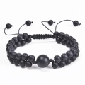 Detail of double-layer hand-woven bracelet with 6mm matte black beads and adjustable knot - Matte Stone Bracelet