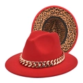 Detail of red fedora featuring a chunky gold chain and leopard print lining under the brim - M (56-58cm) / Red