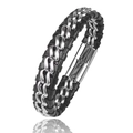 Bracciale da uomo in pelle intrecciata nera e catena in acciaio argento con chiusura magnetica - 20.5CM / Colore Acciaio Integrale