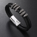 Men's double-braided black leather bracelet featuring five silver pave-set crystal charms - Black & Silver
