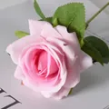 Elegant single stem faux pink velvet rose with realistic green leaves and stem - Pink Center