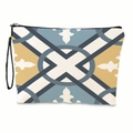 Borsa da trucco portatile con motivi geometrici blu e ocra e cinturino da polso - Stile piastrellato geometrico blu giallo Morandi (xy-017-04) / Con Cinturino