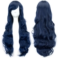 Long wavy deep blue cosplay wig with bangs shown in front and back views on white background - Navy Blue