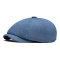 Classic dark blue newsboy cap in denim texture for women and men, side view - Dark Blue / Adjustable