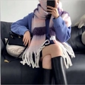 Thick rainbow knit scarf featuring pink and purple gradient stripes with tassel details - Purple Stripe