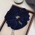 Navy blue velvet oversized scrunchie with light polka dots and a side label - Navy Velvet Polka Dot Scrunchie