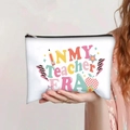 White canvas pouch with In My Teacher Era print and school-themed graphics - In My Teacher Era Style (jiayingpbb0141)