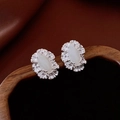 Silver flower cluster earrings with white moonstone and sparkling crystals for women - Oval Floral / Silver