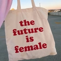 Retro cream canvas tote bag with red The Future is Female print for casual wear - STD874-E The Future Is Female