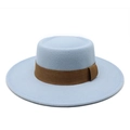 Detail of light blue wool felt boater hat with a wide brown ribbon on a white background - M (56-58cm) / Sky Blue with Khaki Ribbon