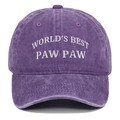 Detailed close-up of purple washed cotton baseball cap with white Paw Paw embroidery - Purple