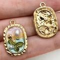 French vintage enamel floral pendant with pearl accents and gold finish back view - Blue Square Tulip Flower Pendant-19482