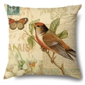 Linen pillow cover with vintage bird and butterfly print for home decor pillowcases - 45x45cm / Red Bird Vintage Stamp (15006-3)