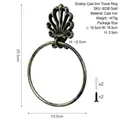 Vintage scallop-shaped cast iron towel ring in rustic gold finish with dimensions - Scallop Towel Ring 6038 / Bronze Gold