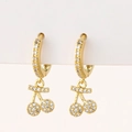 Close-up of golden cherry earrings featuring sparkling micro-pave white zircons for women - S-Cherry