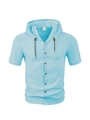 Men's light blue cotton short sleeve hooded shirt in casual solid color style - Light Blue
