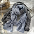 Grey-blue cotton linen scarf with frayed edges and textured weave pattern - Blue Black