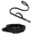 Tactical black nylon dog collar and heavy duty elastic leash set with metal buckle - Black Collar & Leash 2-Piece Set