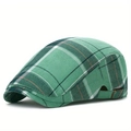 Classic green and white plaid flat cap with woven texture and adjustable metal buckle - Green