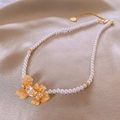Elegant gold butterfly pearl necklace with crystal pendant on silk fabric - White-Orange (74#)