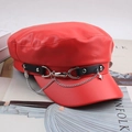 Red PU leather newsboy cap with black strap and silver star chain accessory - Flat Top with Smiley Pendant / Red