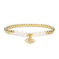 Golden beaded bracelet with white pearls and a sparkling Evil Eye charm on white background - Pearl Evil Eye Pendant