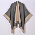 Thick grey and beige cashmere-style check plaid poncho shawl for winter travel - Gray and Camel Color Block